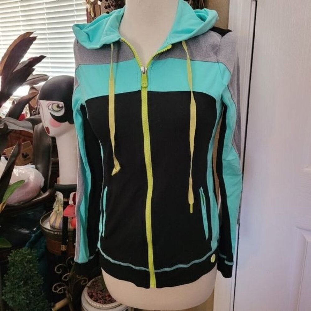 Trina Turk Athletic Full Zip Sweatshirt Hoodie Black Aqua Lightweight XS Spring
